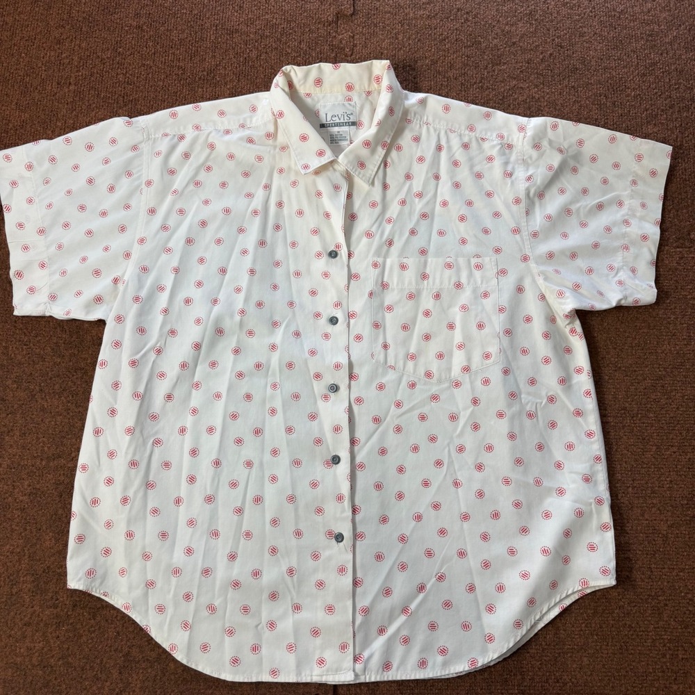 Vintage Levis Sportswear White Red Dot Short Sleeve Button Down Shirt Men Medium